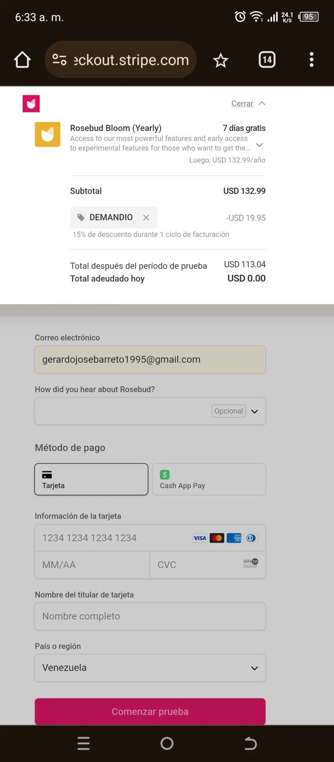 Rosebud App checkout page showing Rosebud App promo code box | Screenshot taken by SimplyCodes community member on Jun 13, 2024