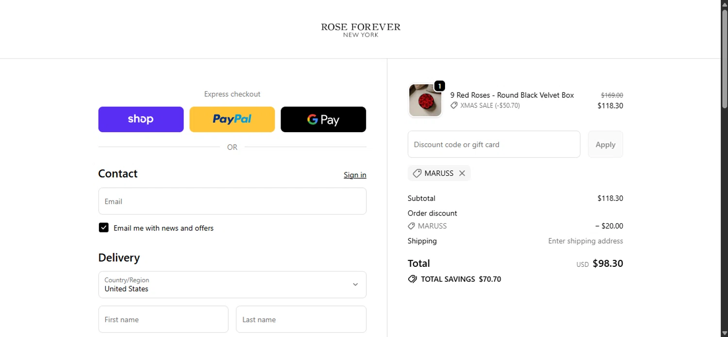 Rose Forever NY promo code screenshot showing code Maruss applied at Rose Forever NY checkout page. Uploaded by SimplyCodes community member ______________ on Dec 22, 2025