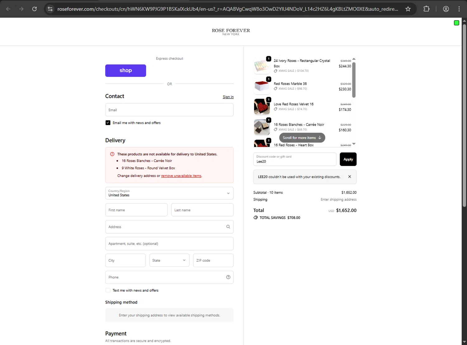 Rose Forever NY promo code screenshot showing code Lee20 applied at Rose Forever NY checkout page. Uploaded by SimplyCodes community member MRDEAL on Dec 12, 2025