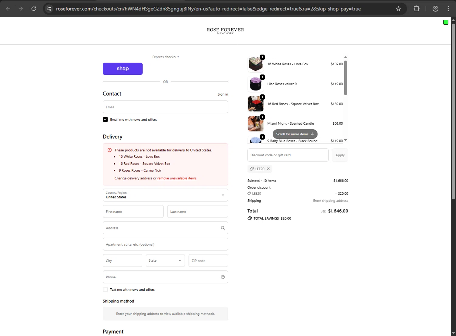 Rose Forever NY promo code screenshot showing code Lee20 applied at Rose Forever NY checkout page. Uploaded by SimplyCodes community member jickselyspolanco on Oct 28, 2025