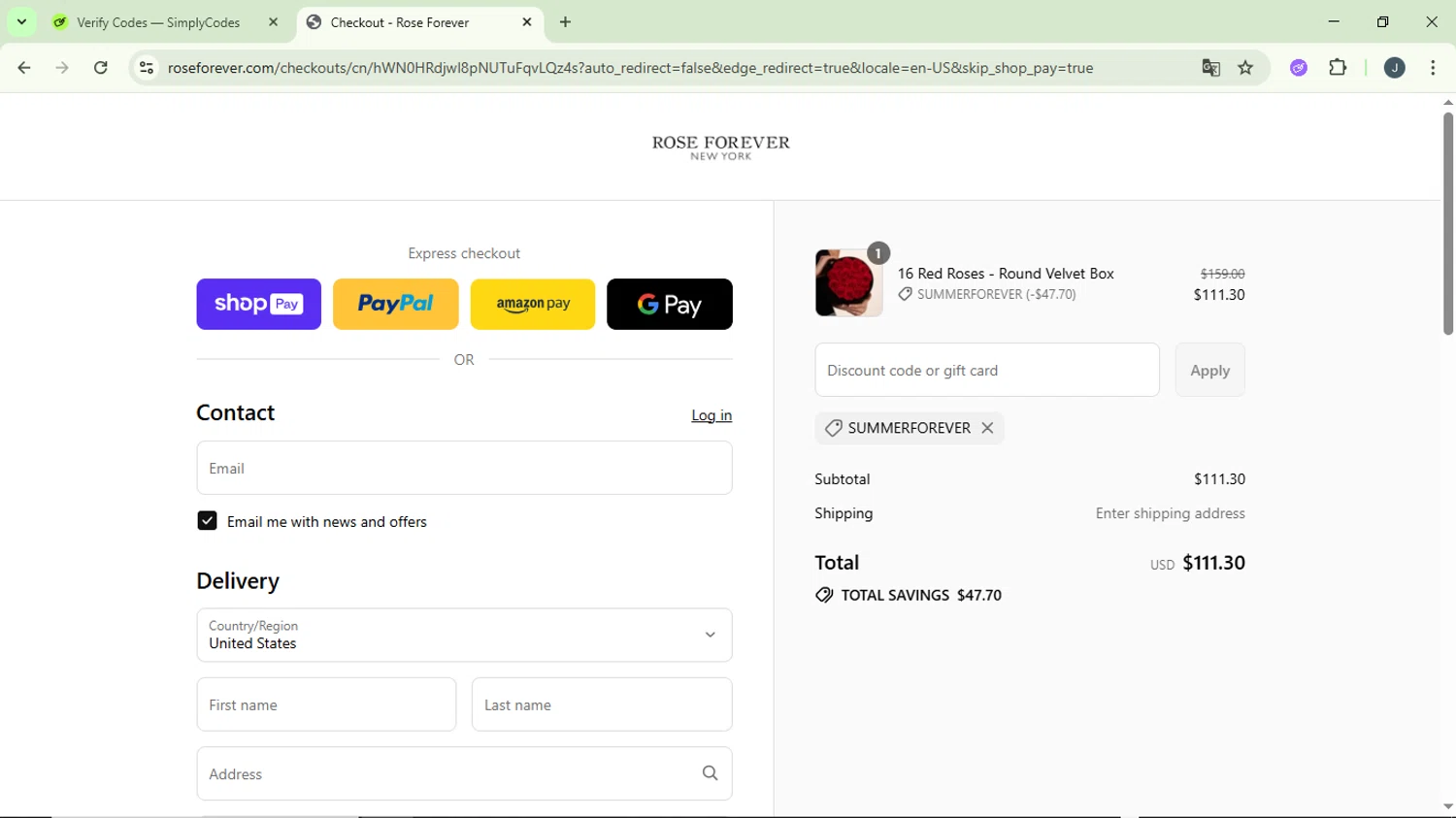 Rose Forever NY promo code screenshot showing code SUMMERFOREVER applied at Rose Forever NY checkout page. Uploaded by SimplyCodes community member GloriousCollector9930 on Jul 5, 2025