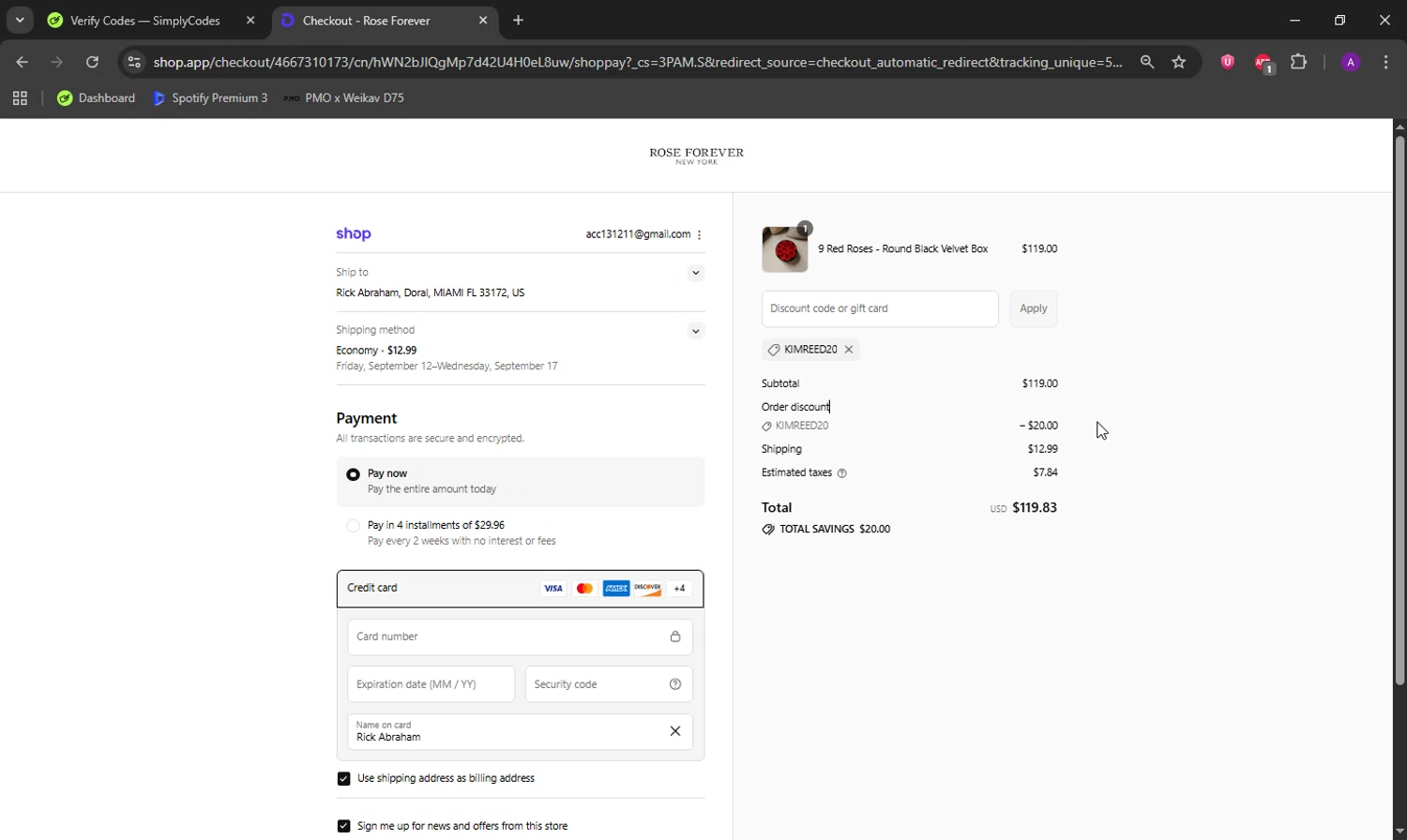 Rose Forever NY promo code screenshot showing code Kimreed20 applied at Rose Forever NY checkout page. Uploaded by SimplyCodes community member DeathBone on Sep 4, 2025