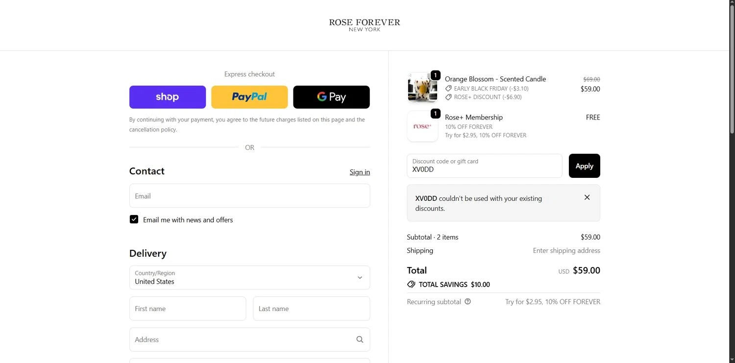 Rose Forever NY promo code screenshot showing code XV0DD applied at Rose Forever NY checkout page. Uploaded by SimplyCodes community member Depressive on Nov 7, 2025