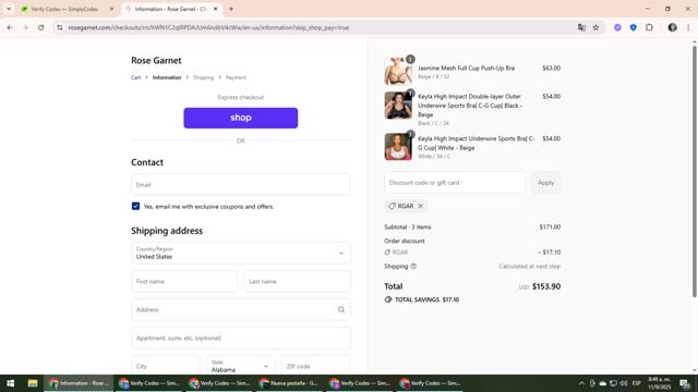 Rose Garnet checkout page showing Rose Garnet discount code box | Screenshot taken by SimplyCodes community member on Sep 11, 2025