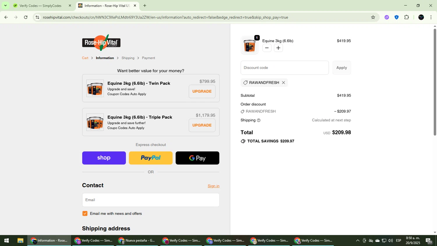Rose Hip Vital discount code screenshot showing code RAWANDFRESH applied at Rose Hip Vital checkout page. Uploaded by SimplyCodes community member CarmenVGR on Sep 20, 2025