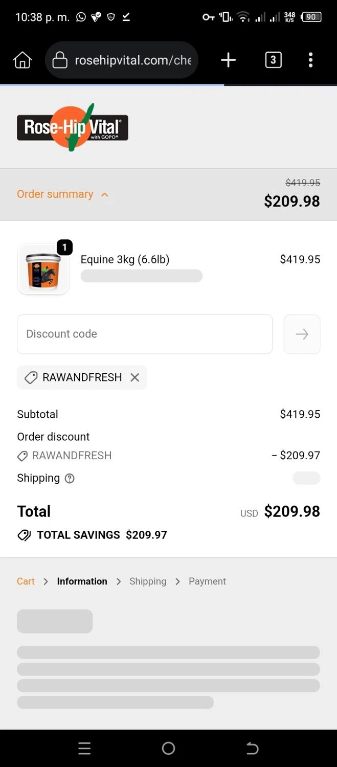 Rose Hip Vital discount code screenshot showing code RAWANDFRESH applied at Rose Hip Vital checkout page. Uploaded by SimplyCodes community member CleverSleuth6613 on Dec 23, 2025