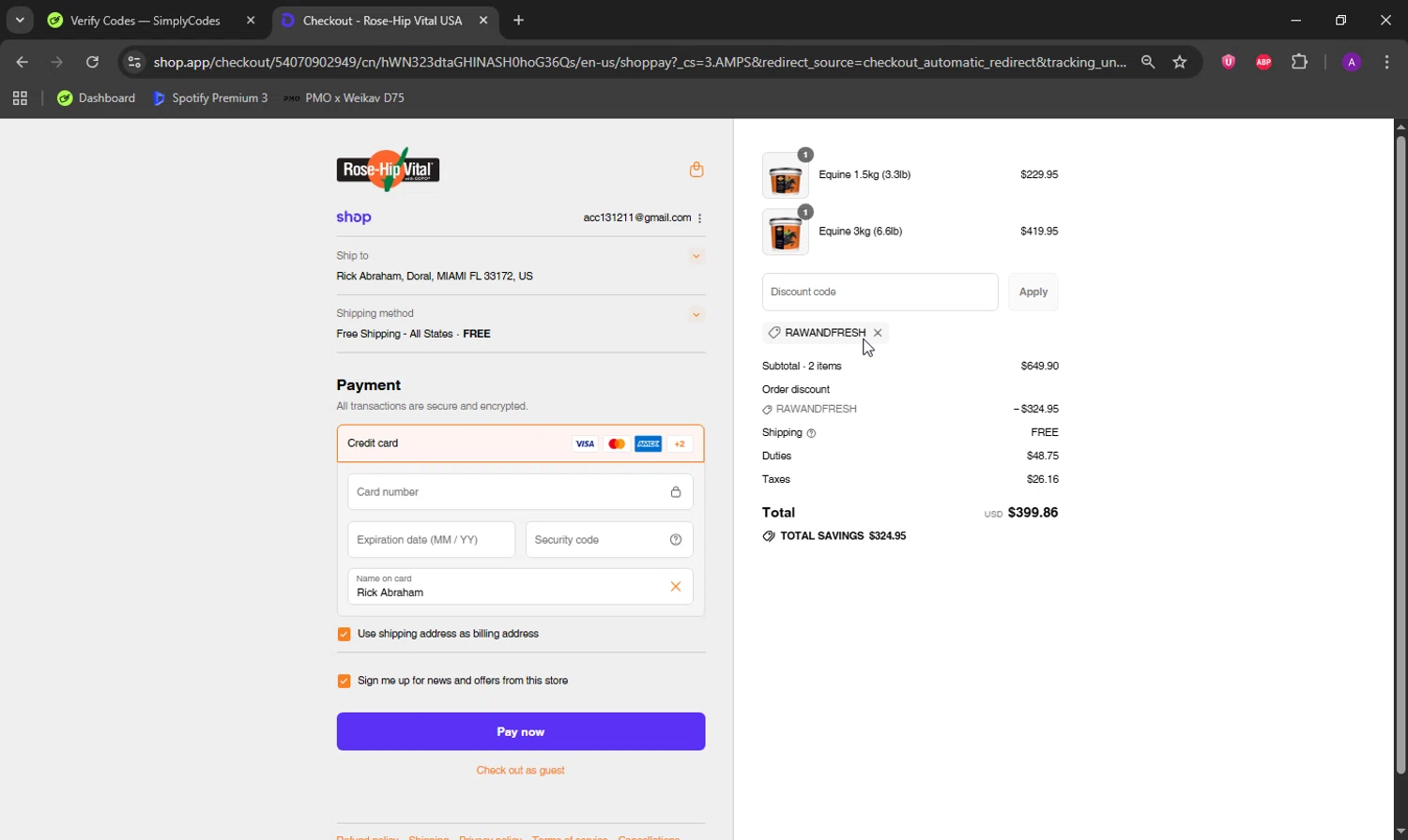 Rose Hip Vital discount code screenshot showing code RAWANDFRESH applied at Rose Hip Vital checkout page. Uploaded by SimplyCodes community member DeathBone on Sep 16, 2025
