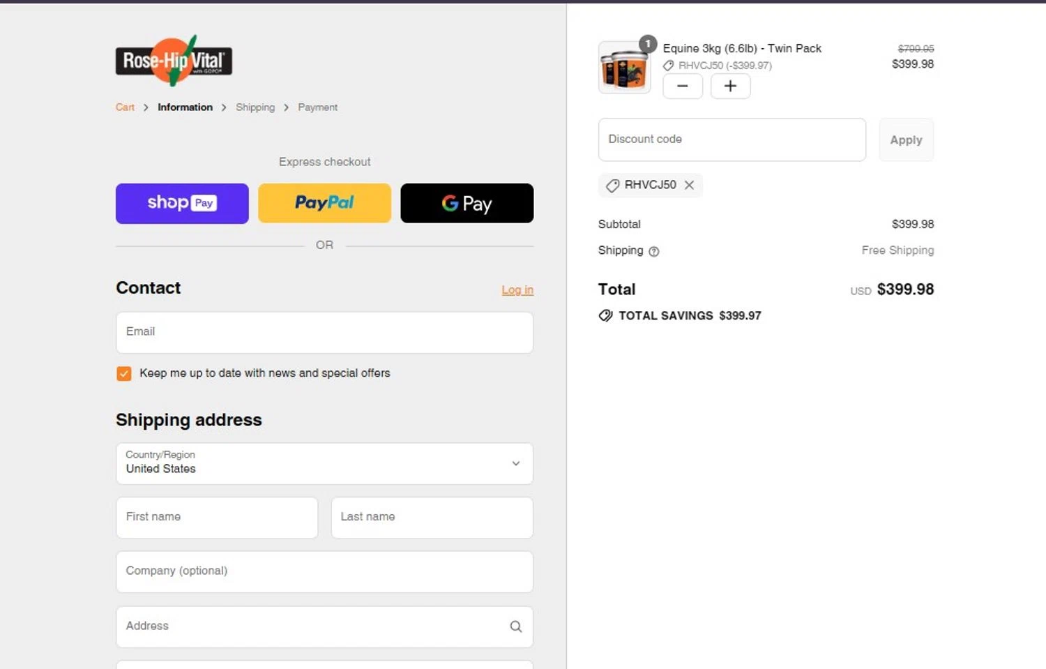 Rose Hip Vital discount code screenshot showing code RHVCJ50 applied at Rose Hip Vital checkout page. Uploaded by SimplyCodes community member TOTONEROFL on Jul 22, 2025