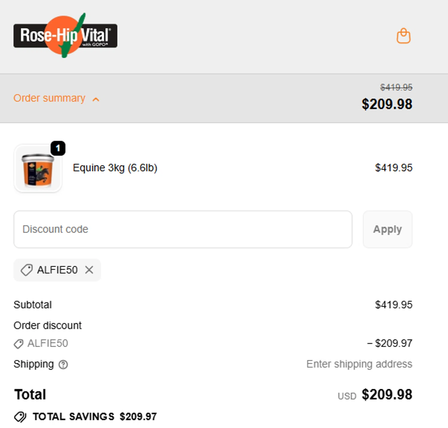 Rose Hip Vital discount code screenshot showing code ALFIE50 applied at Rose Hip Vital checkout page. Uploaded by SimplyCodes community member Guacamole_Picante on Dec 27, 2025