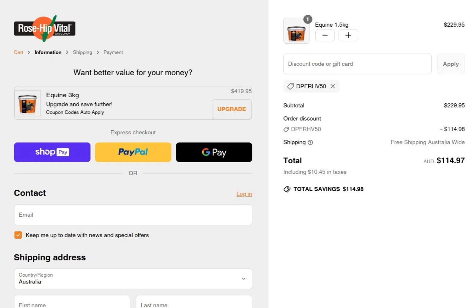 Rose Hip Vital discount code screenshot showing code DPFRHV50 applied at Rose Hip Vital checkout page. Uploaded by SimplyCodes community member Honoriocolmenarez on May 14, 2025