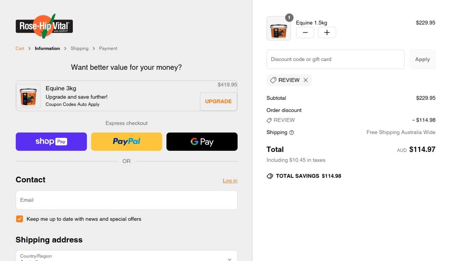 Rose Hip Vital discount code screenshot showing code REVIEW applied at Rose Hip Vital checkout page. Uploaded by SimplyCodes community member Honoriocolmenarez on May 14, 2025