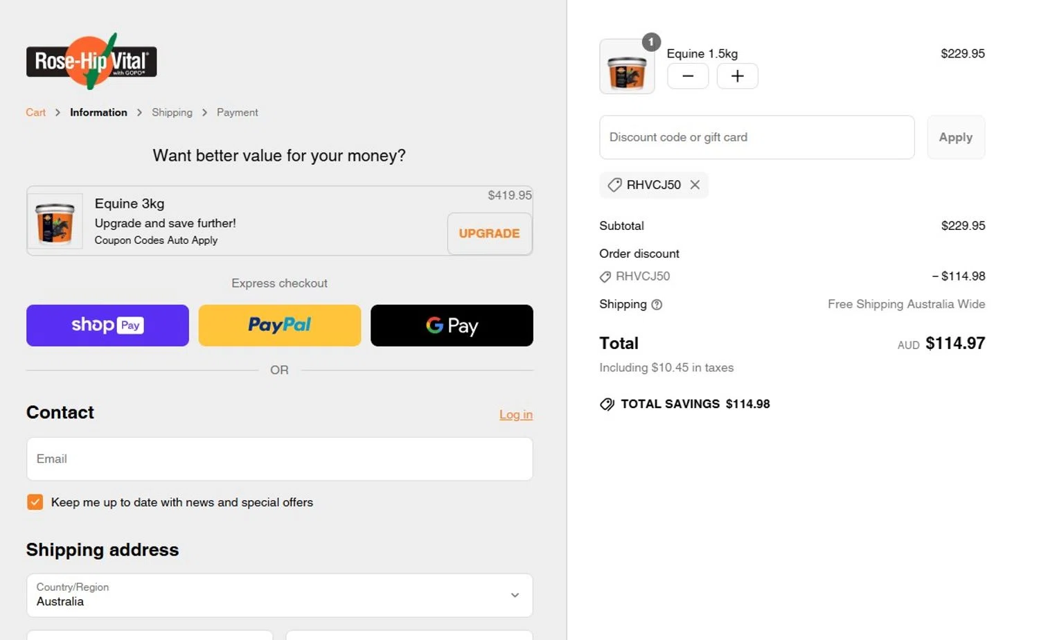 Rose Hip Vital discount code screenshot showing code RHVCJ50 applied at Rose Hip Vital checkout page. Uploaded by SimplyCodes community member Honoriocolmenarez on May 14, 2025