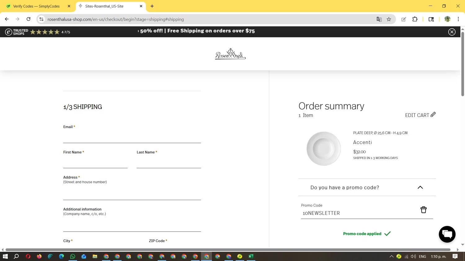 Rosenthal discount code screenshot showing code 10NEWSLETTER applied at Rosenthal checkout page. Uploaded by SimplyCodes community member FundoSinai on Dec 29, 2025