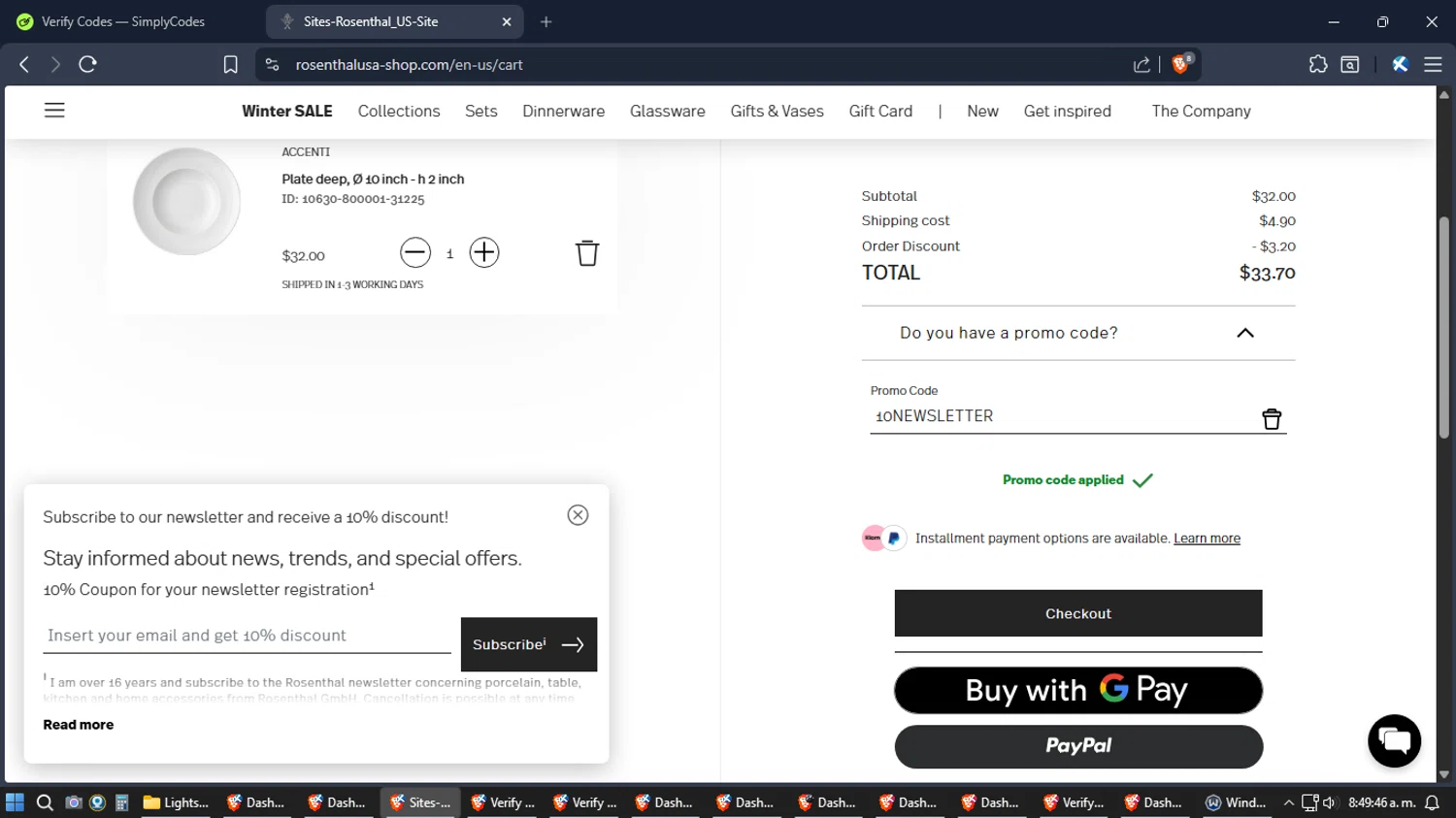 Rosenthal discount code screenshot showing code 10NEWSLETTER applied at Rosenthal checkout page. Uploaded by SimplyCodes community member Jgomez on Jan 27, 2026