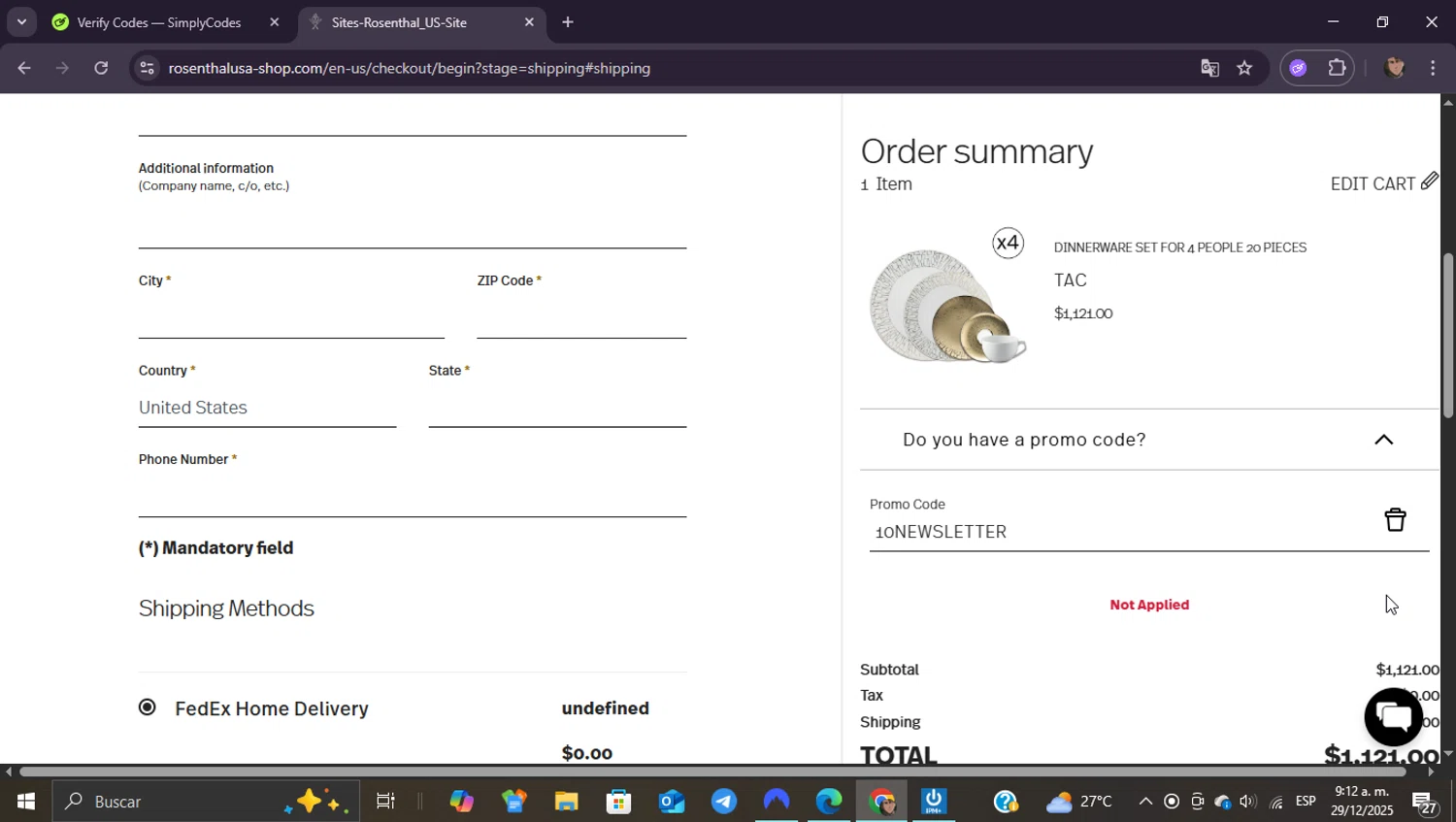 Rosenthal discount code screenshot showing code 10NEWSLETTER applied at Rosenthal checkout page. Uploaded by SimplyCodes community member ShieldEagle9436 on Dec 29, 2025