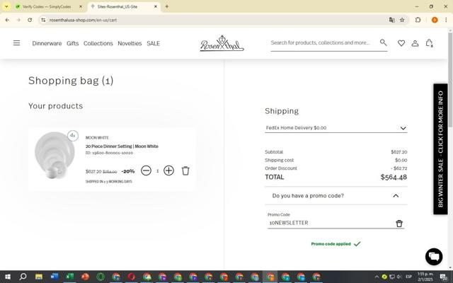 Rosenthal checkout page showing Rosenthal discount code box | Screenshot taken by SimplyCodes community member on Jan 2, 2025