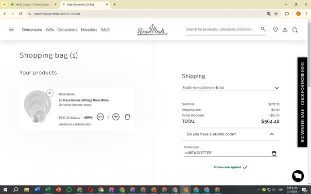 Rosenthal checkout page showing Rosenthal discount code box | Screenshot taken by SimplyCodes community member on Jan 2, 2025