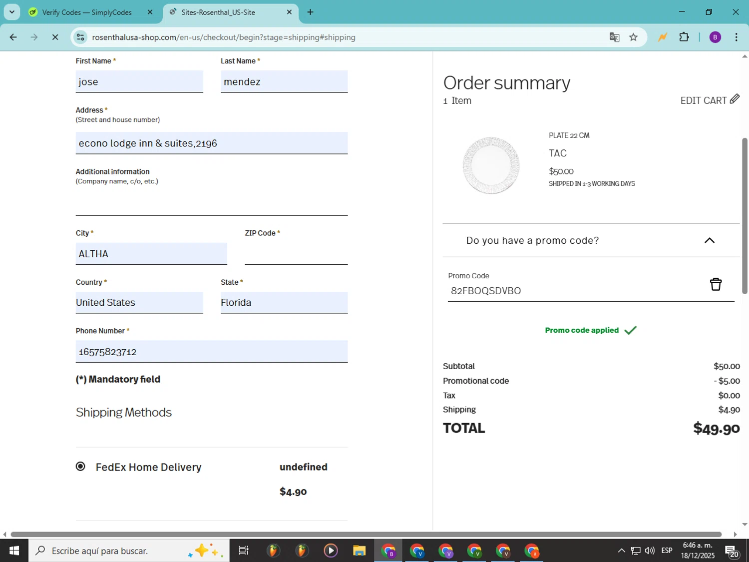 Rosenthal discount code screenshot showing code 82FBOQSDVBO applied at Rosenthal checkout page. Uploaded by SimplyCodes community member Soyvictor on Dec 18, 2025