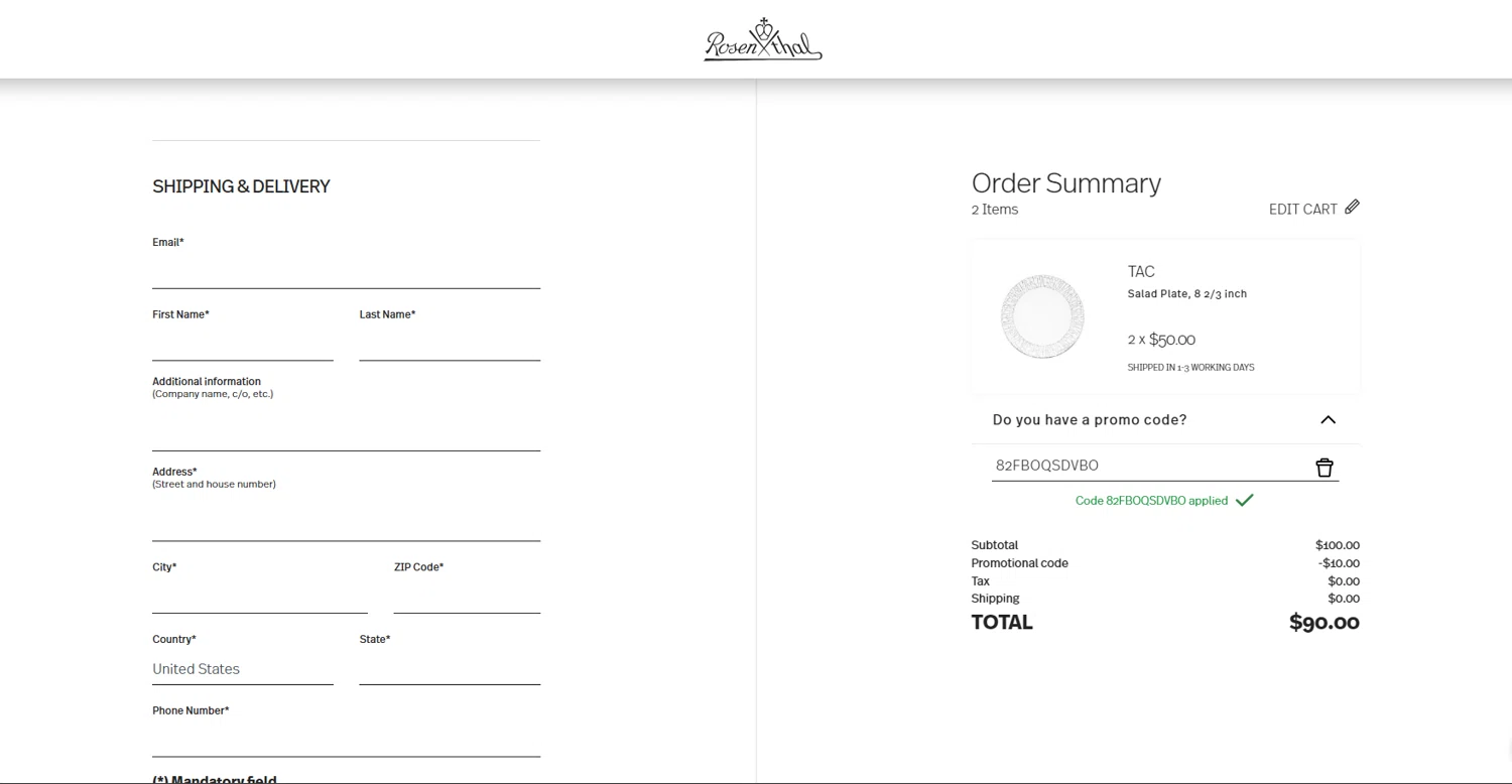 Rosenthal discount code screenshot showing code 82FBOQSDVBO applied at Rosenthal checkout page. Uploaded by SimplyCodes community member SpecialForces on Jan 13, 2025