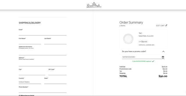 Rosenthal checkout page showing Rosenthal discount code box | Screenshot taken by SimplyCodes community member on Jan 13, 2025