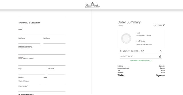 Rosenthal checkout page showing Rosenthal discount code box | Screenshot taken by SimplyCodes community member on Jan 13, 2025
