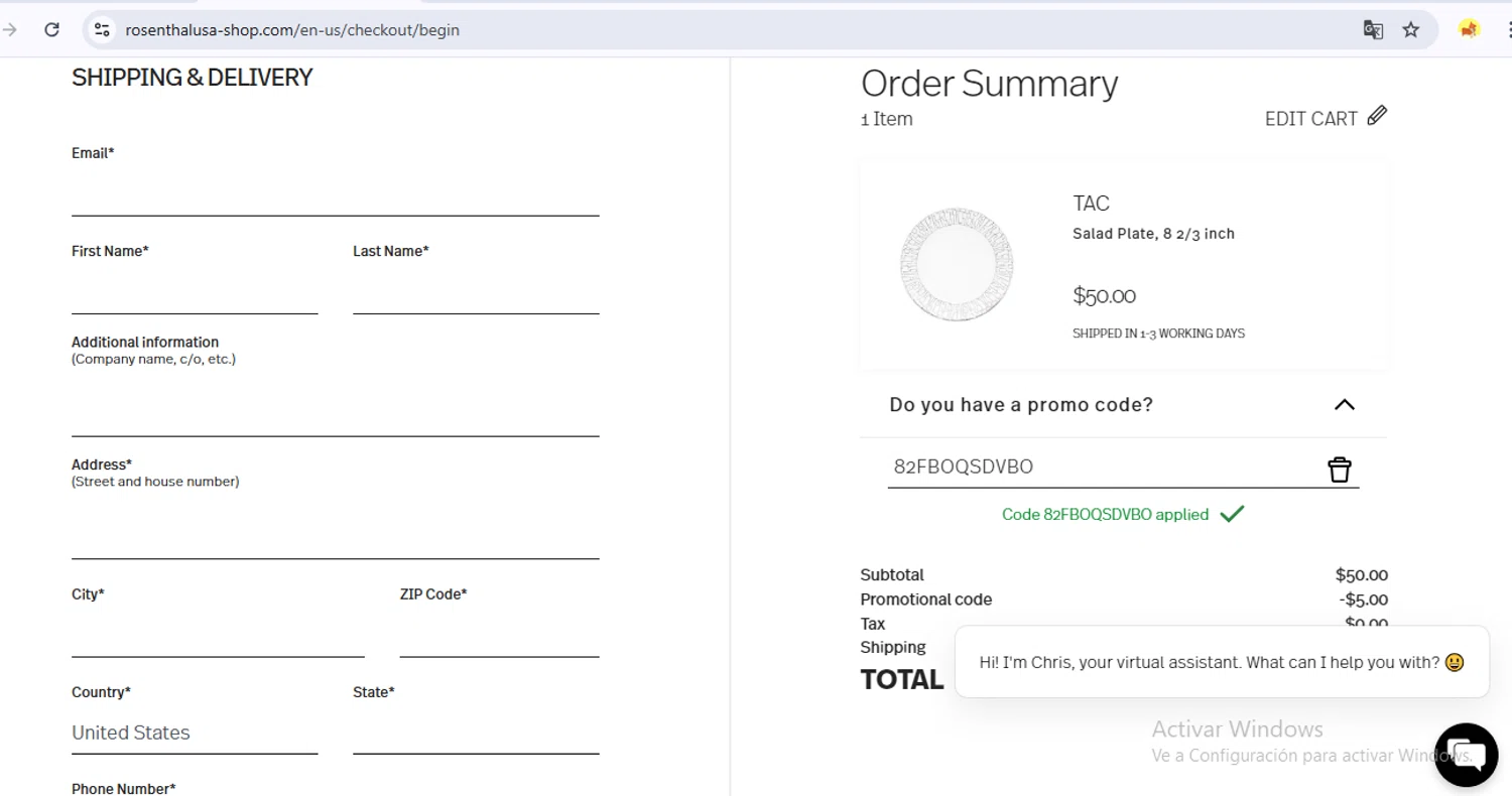 Rosenthal discount code screenshot showing code 82FBOQSDVBO applied at Rosenthal checkout page. Uploaded by SimplyCodes community member FortunateSeeker1824 on Jan 6, 2025