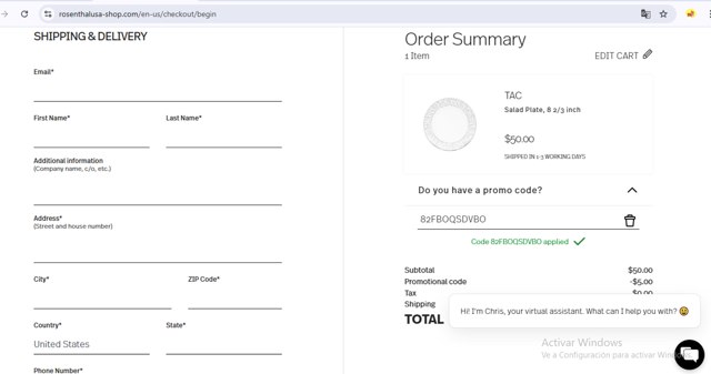 Rosenthal checkout page showing Rosenthal discount code box | Screenshot taken by SimplyCodes community member on Jan 6, 2025