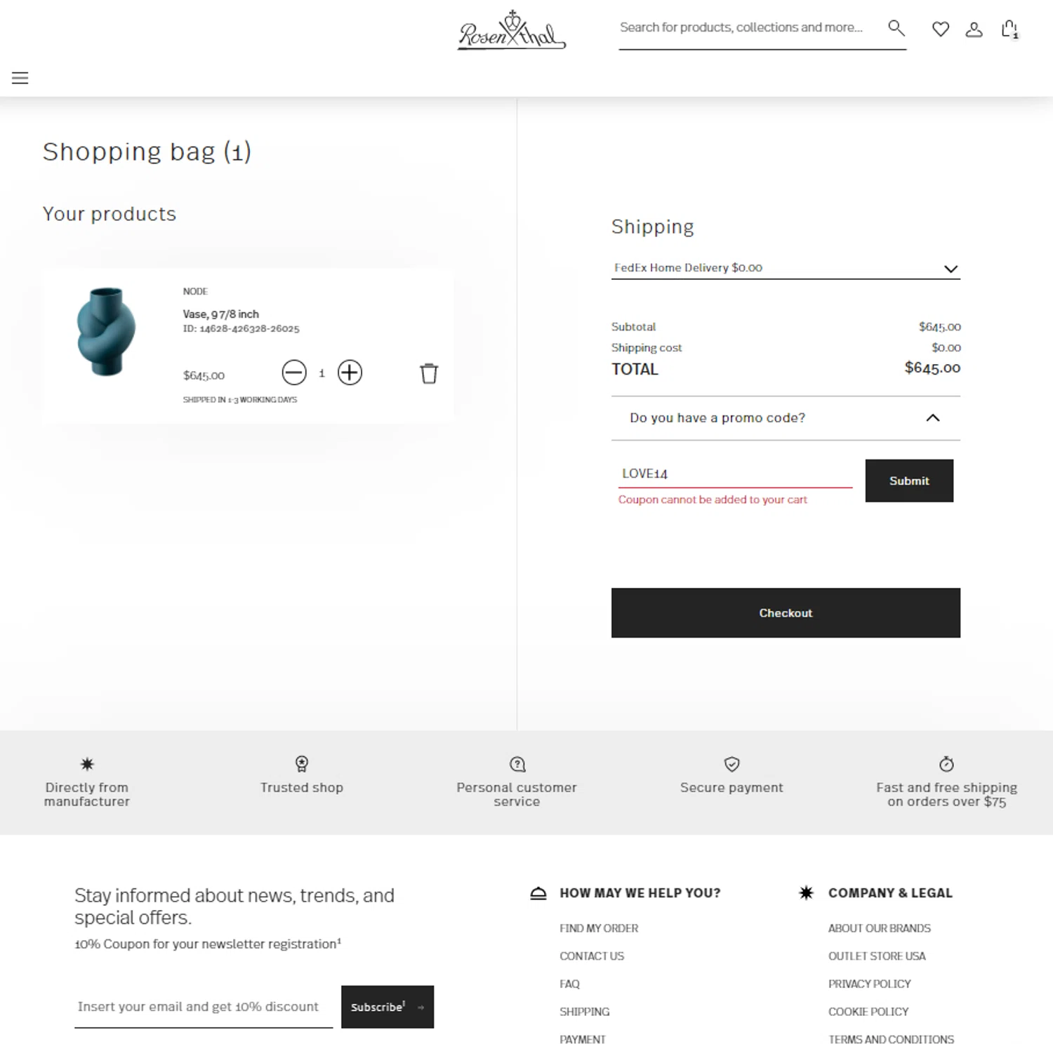 Rosenthal discount code screenshot showing code LOVE14 applied at Rosenthal checkout page. Uploaded by SimplyCodes community member Noah19 on Mar 11, 2025