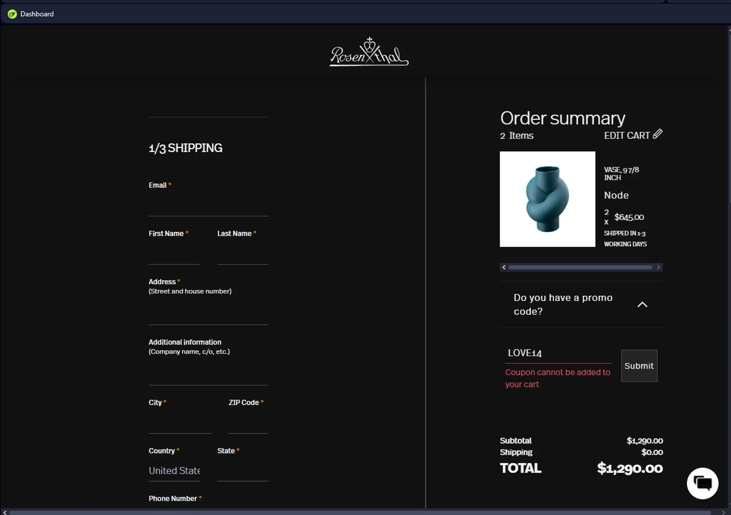 Rosenthal discount code screenshot showing code LOVE14 applied at Rosenthal checkout page. Uploaded by SimplyCodes community member ScanEagle7415 on Mar 11, 2025