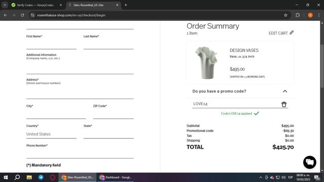 Rosenthal checkout page showing Rosenthal discount code box | Screenshot taken by SimplyCodes community member on Feb 10, 2025