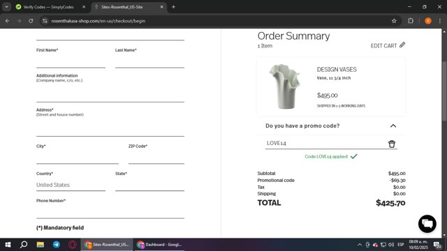 Rosenthal checkout page showing Rosenthal discount code box | Screenshot taken by SimplyCodes community member on Feb 10, 2025