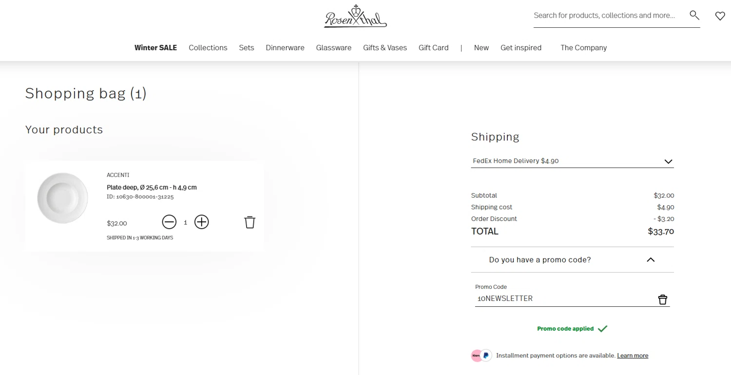 Rosenthal discount code screenshot showing code 10NEWSLETTER applied at Rosenthal checkout page. Uploaded by SimplyCodes community member Westcoll on Dec 29, 2025