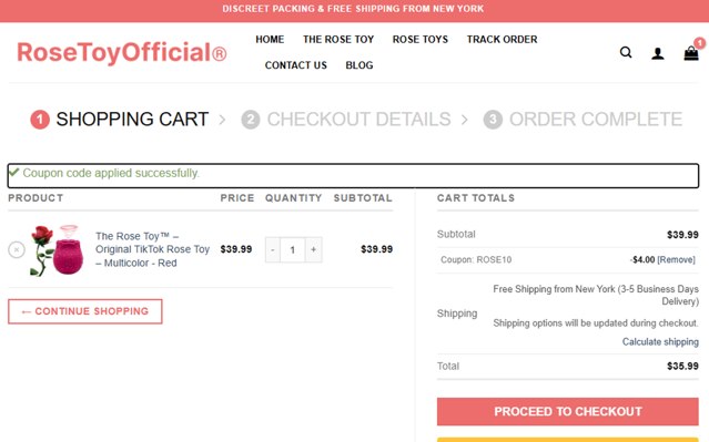 Rose Toy Official checkout page showing Rose Toy Official coupon code box | Screenshot taken by SimplyCodes community member on Jul 5, 2025