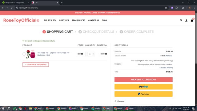 Rose Toy Official checkout page showing Rose Toy Official coupon code box | Screenshot taken by SimplyCodes community member on Jun 28, 2025