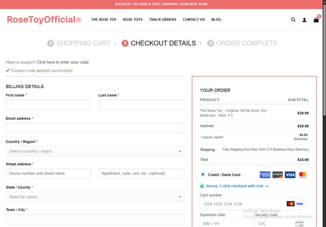 Rose Toy Official checkout page showing Rose Toy Official coupon code box | Screenshot taken by SimplyCodes community member on Jun 14, 2025