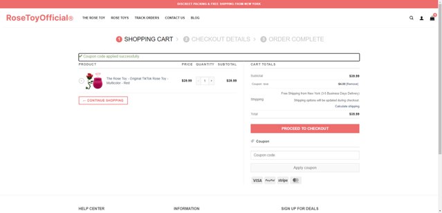 Rose Toy Official checkout page showing Rose Toy Official coupon code box | Screenshot taken by SimplyCodes community member on Jun 28, 2025