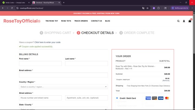 Rose Toy Official checkout page showing Rose Toy Official coupon code box | Screenshot taken by SimplyCodes community member on Jun 28, 2025