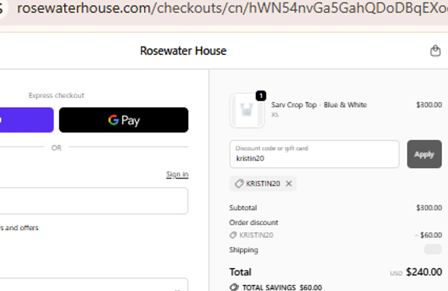 RosewaterHouse promo code screenshot showing code kristin20 applied at RosewaterHouse checkout page. Uploaded by SimplyCodes community member BudgetLion5814 on Nov 9, 2025