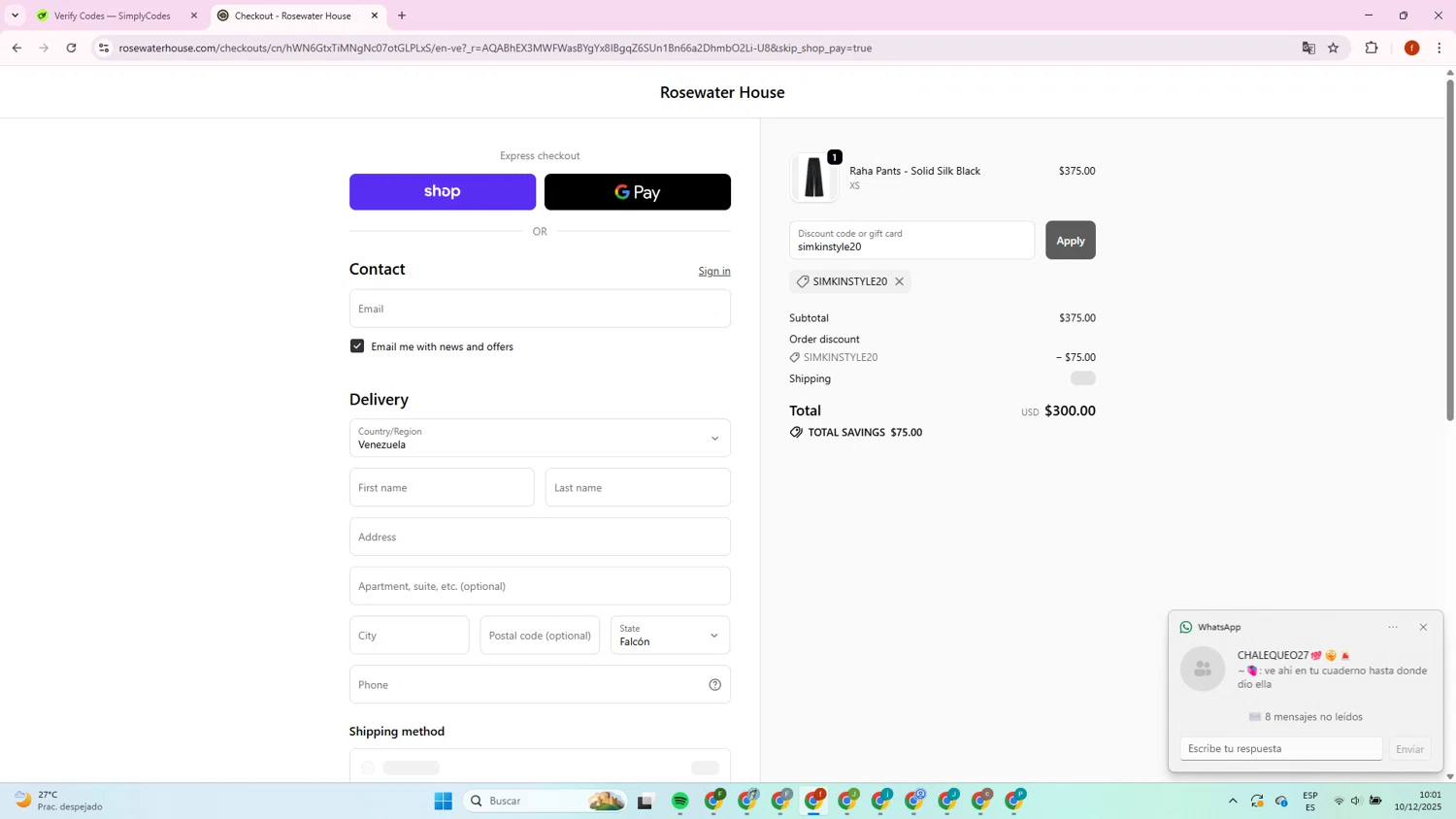 RosewaterHouse promo code screenshot showing code simkinstyle20 applied at RosewaterHouse checkout page. Uploaded by SimplyCodes community member Collug on Dec 10, 2025
