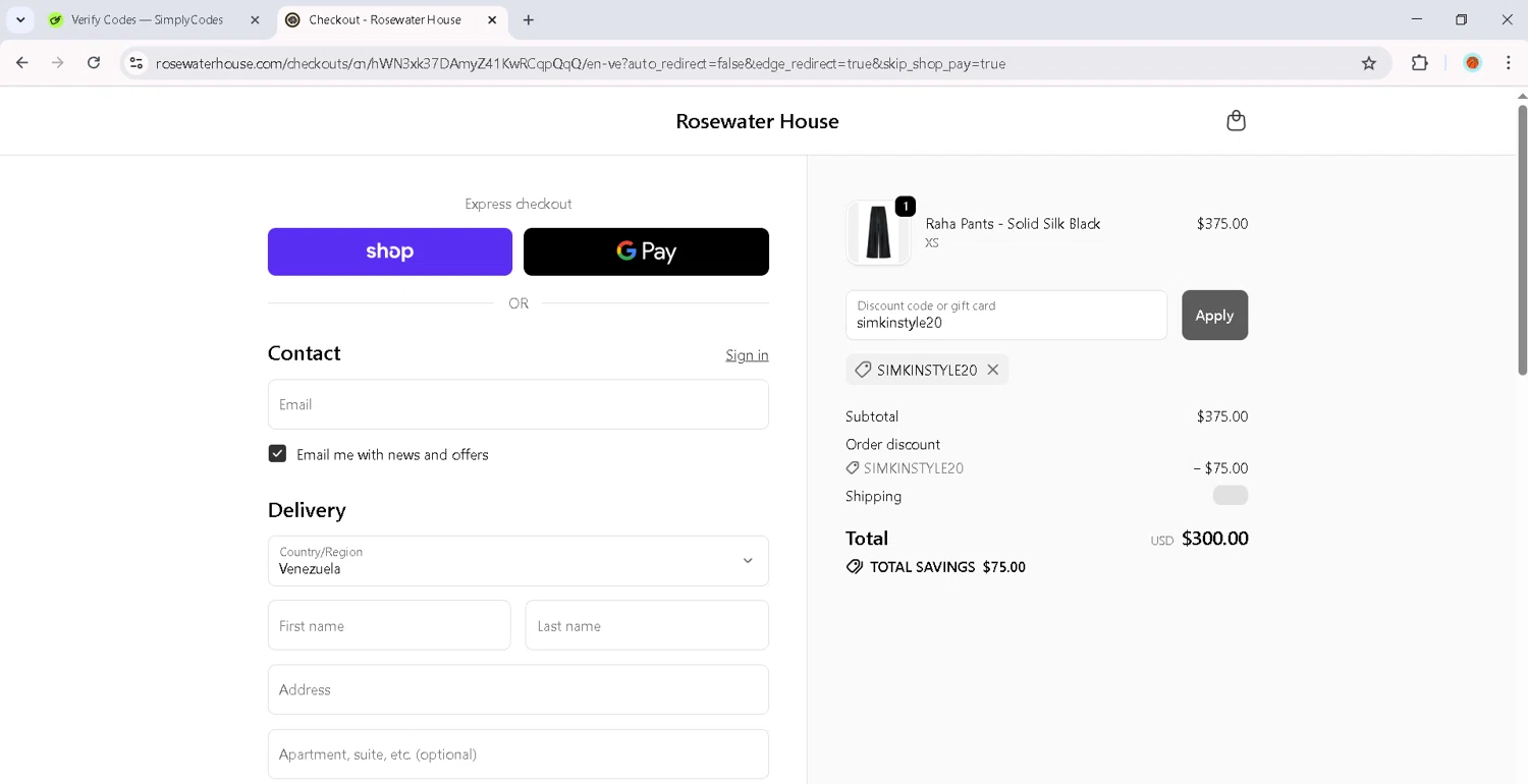 RosewaterHouse promo code screenshot showing code simkinstyle20 applied at RosewaterHouse checkout page. Uploaded by SimplyCodes community member RoyalMaverick7546 on Oct 10, 2025