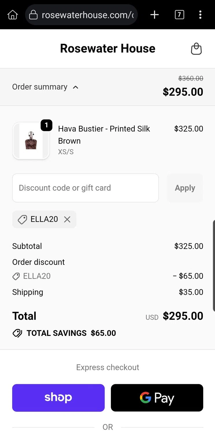 RosewaterHouse promo code screenshot showing code Ella20 applied at RosewaterHouse checkout page. Uploaded by SimplyCodes community member Carloslvz on Oct 3, 2025