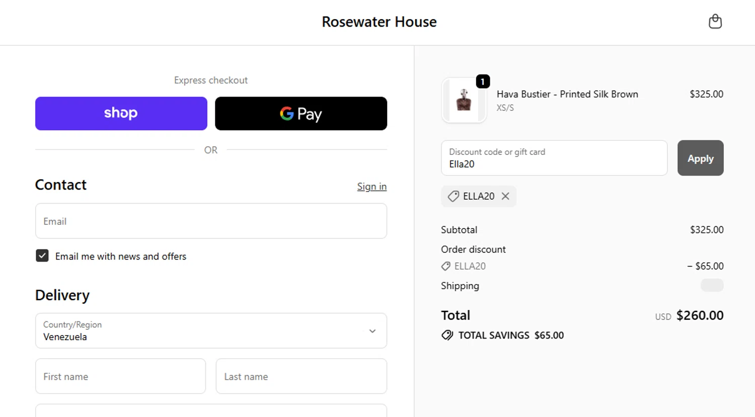 RosewaterHouse promo code screenshot showing code Ella20 applied at RosewaterHouse checkout page. Uploaded by SimplyCodes community member danielgonzalez5 on Oct 18, 2025