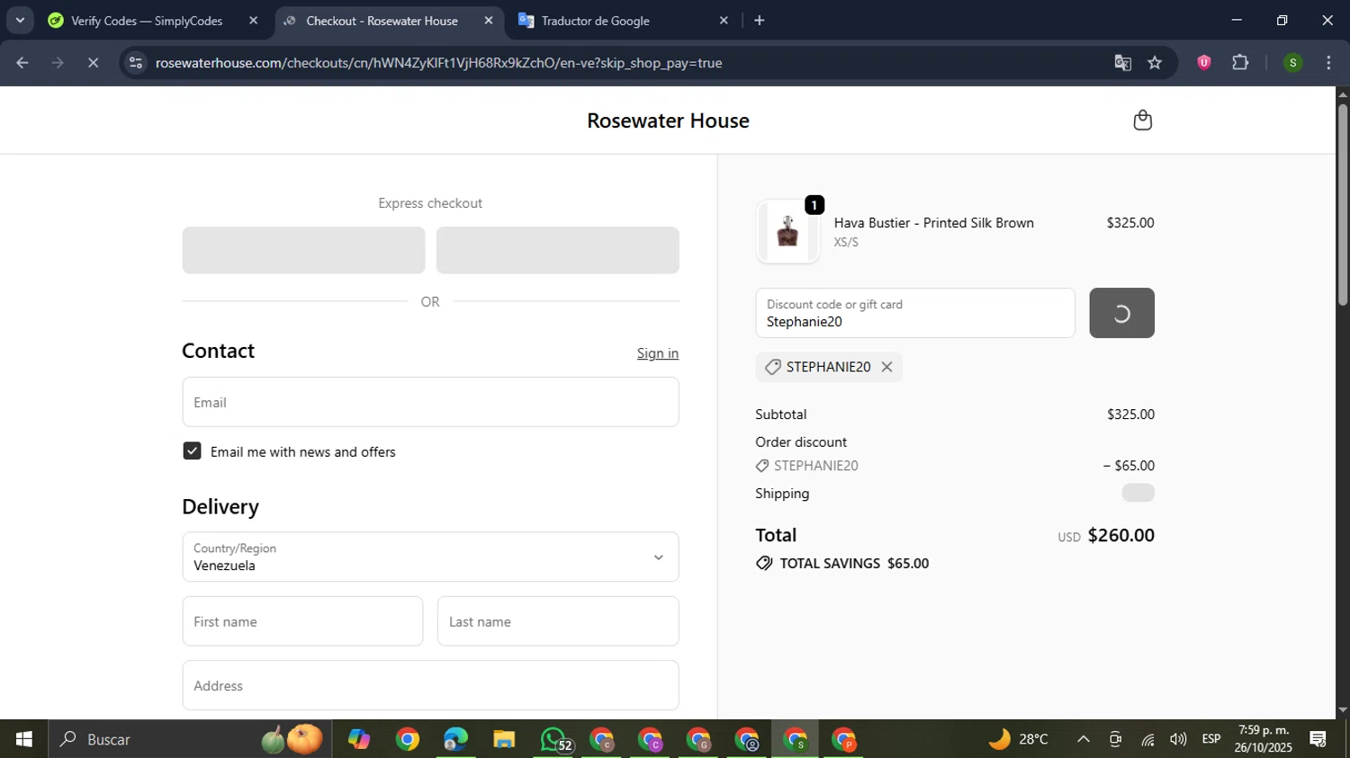 RosewaterHouse promo code screenshot showing code Stephanie20 applied at RosewaterHouse checkout page. Uploaded by SimplyCodes community member RewardMaverick445 on Oct 26, 2025