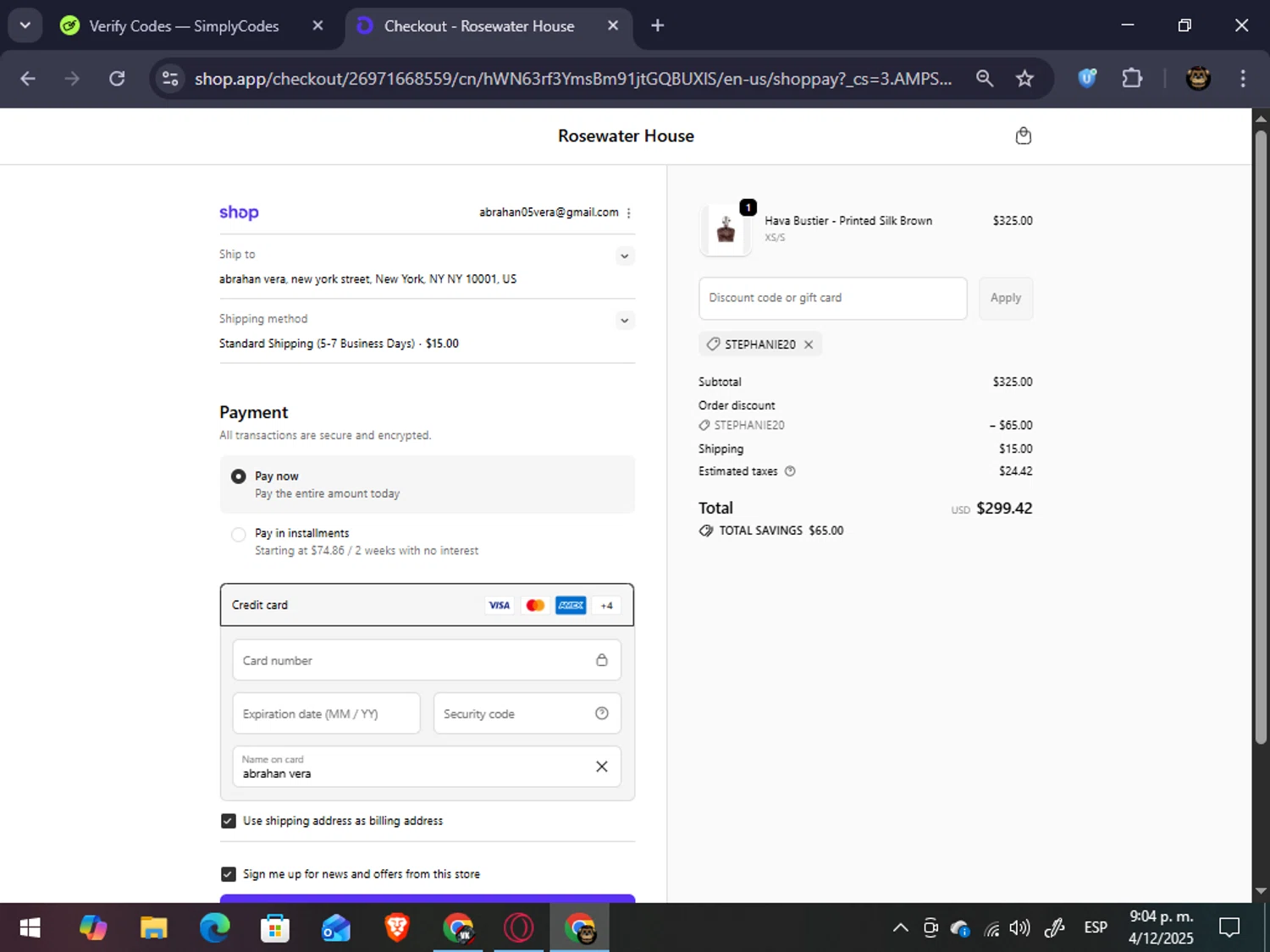 RosewaterHouse promo code screenshot showing code Stephanie20 applied at RosewaterHouse checkout page. Uploaded by SimplyCodes community member abrahanv on Dec 5, 2025