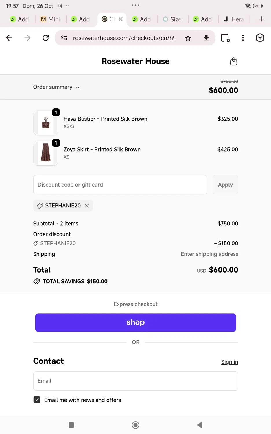 RosewaterHouse promo code screenshot showing code Stephanie20 applied at RosewaterHouse checkout page. Uploaded by SimplyCodes community member KarinaHZ on Oct 26, 2025