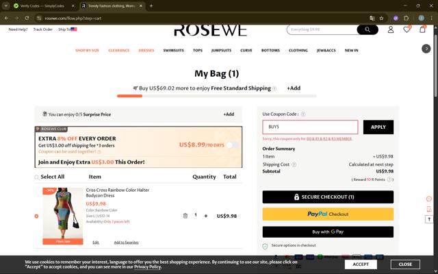 Rosewe checkout page showing Rosewe promo code box | Screenshot taken by SimplyCodes community member on Aug 21, 2025