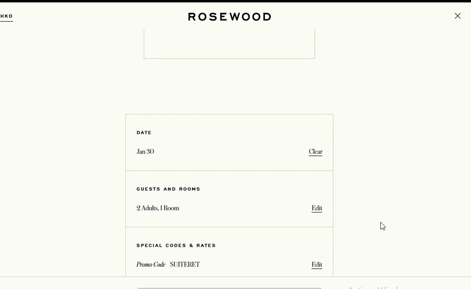Rosewood Hotels and Resorts checkout page showing Rosewood Hotels and Resorts promo code box | Screenshot taken by SimplyCodes community member on Jan 23, 2026