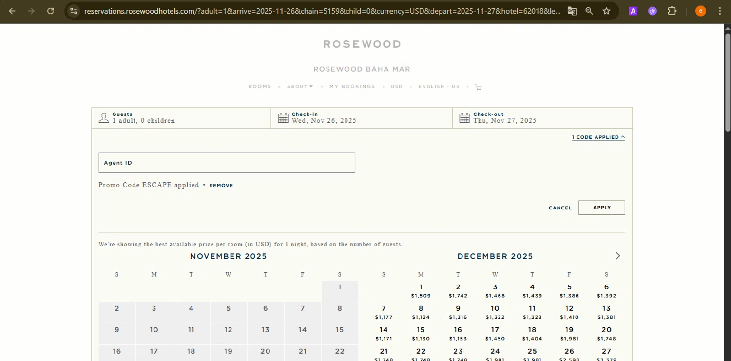Rosewood Hotels and Resorts checkout page showing Rosewood Hotels and Resorts promo code box | Screenshot taken by SimplyCodes community member on Nov 26, 2025