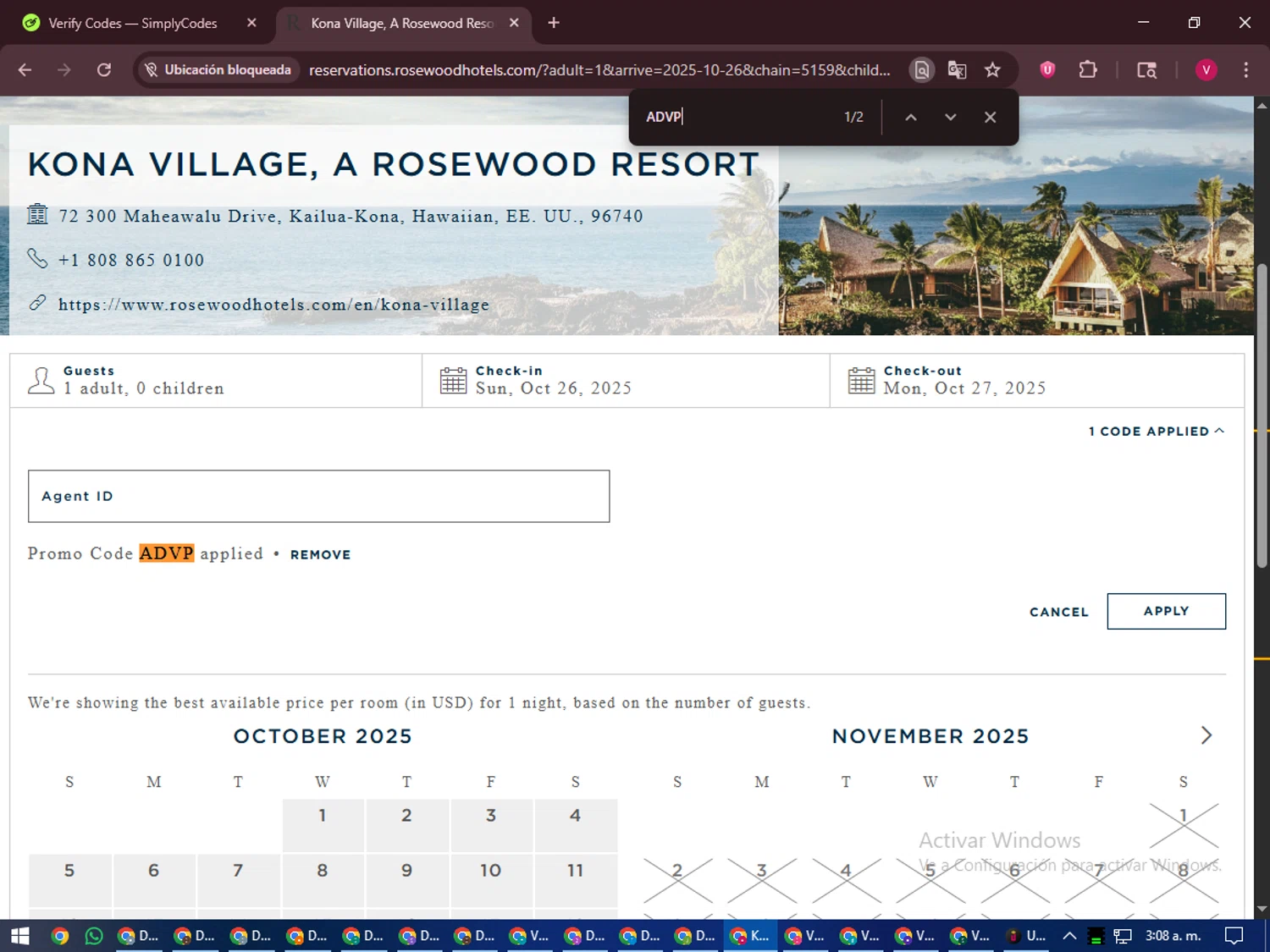 Rosewood Hotels and Resorts promo code screenshot showing code ADVP applied at Rosewood Hotels and Resorts checkout page. Uploaded by SimplyCodes community member ShieldEagle6102 on Oct 27, 2025