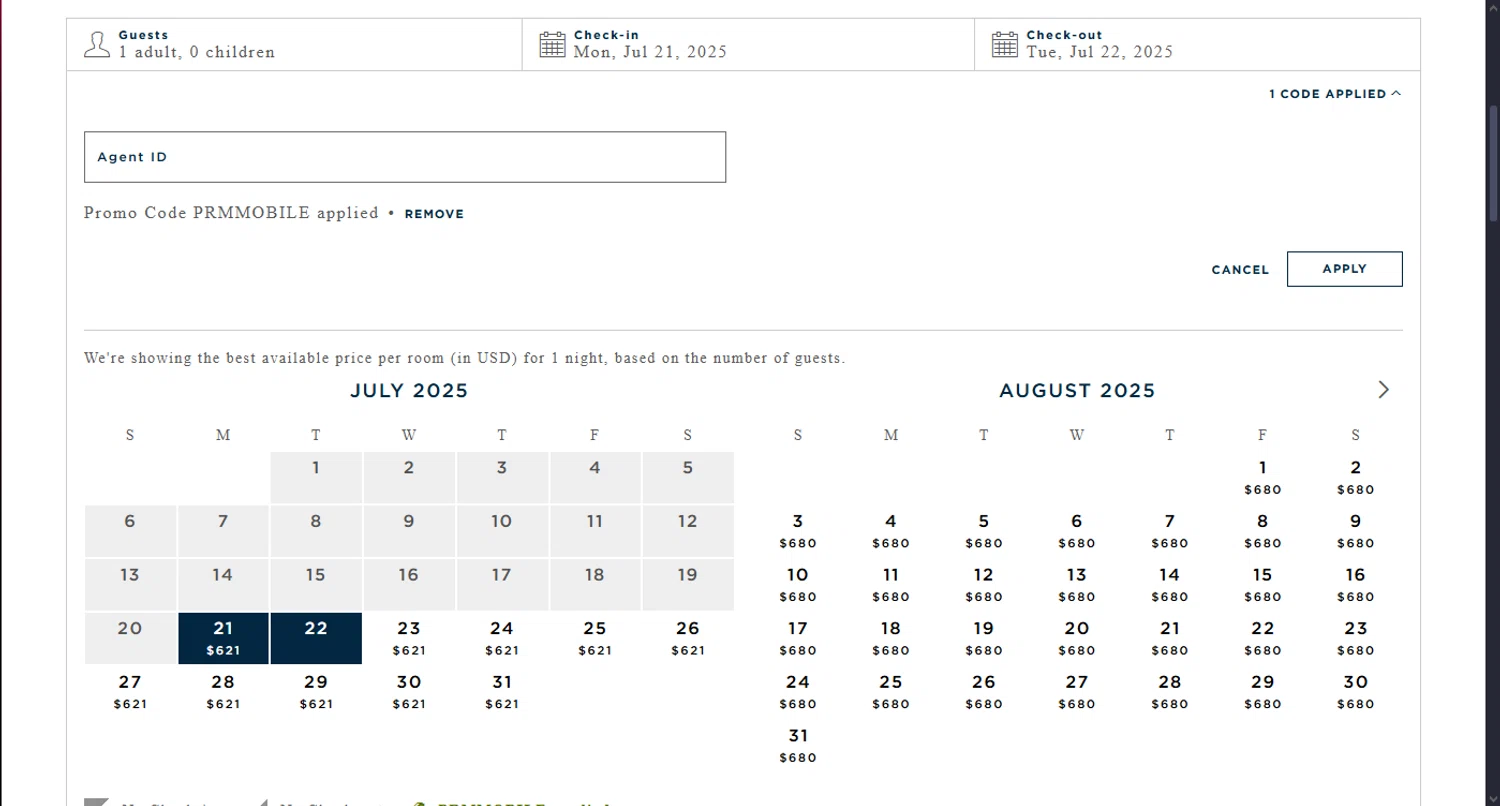 Rosewood Hotels and Resorts promo code screenshot showing code PRMMOBILE applied at Rosewood Hotels and Resorts checkout page. Uploaded by SimplyCodes community member MoneyScout2554 on Jul 20, 2025